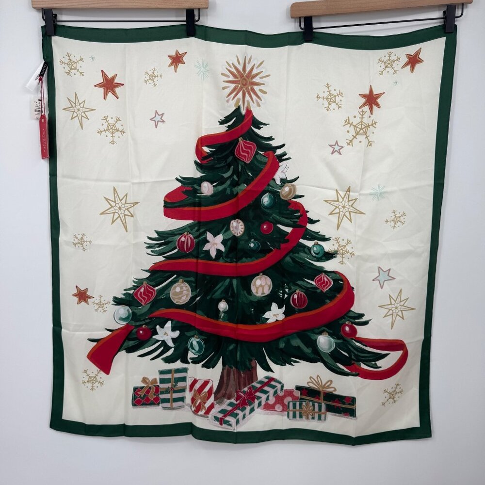 Talbots Christmas Tree Silk Square Scarf New With Tag holiday white green red